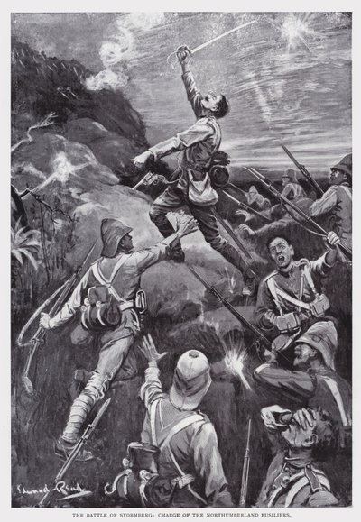 Bitva u Stormbergu, svěřená Northumberland Fusiliers (litho) od Edward Read