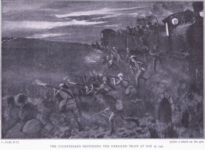 The Coldstreams bránící vykolejený vlak, ilustrace z Po Pretorii: Guerilla War, 1902 od Edward Read