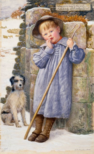 "Pastýř Dick" Malý pastýř s prsty v ústech, oblečený v haleně. Obraz Edwarda Roberta Hughese (1851-1914) (pre-rafaelita) 1902 Soukromá sbírka od Edward Robert Hughes