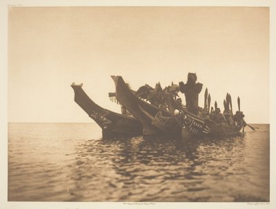Maskovaní tanečníci v kánoích-Qagyuhl A od Edward S. Curtis