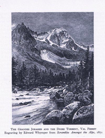The Grand Jorasses and the Doire Torrent, Val Ferrett, z British Adventure vydané nakladatelstvím Collins, 1947 od Edward Whymper
