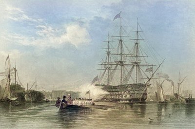 Vlajková loď britského námořnictva salutuje v přístavu Gosford v Anglii. 19. století (rytina) od Edward William (after) Cooke