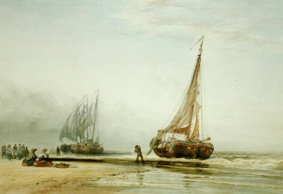Holandské rybářské lodě na pláži se skupinami Fisherfolk od Edward William Cooke
