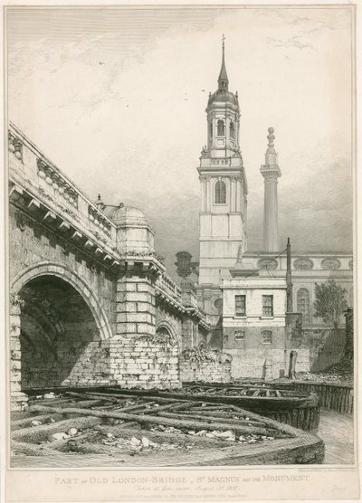 Část starého londýnského mostu, kostel sv. Magnus a památník od Edward William Cooke