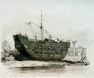 Trestanecká loď "Discovery" (leží v Deptfordu), loď, která doprovázela kapitána Cooka na jeho poslední plavbě. od Edward William Cooke
