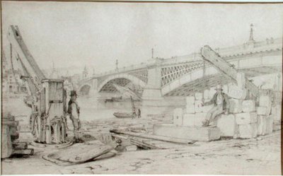 Pohled na most Southwark a řeku Temži z Bankside, se dvěma jeřáby v popředí od Edward William Cooke