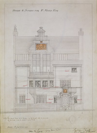 Pracovní kresba pro House and Studio for F. Miles Esq, Tite Street, Chelsea, 1878-79 (wc a tužka na papíře) (viz také 176481, 176483-485) od Edward William Godwin