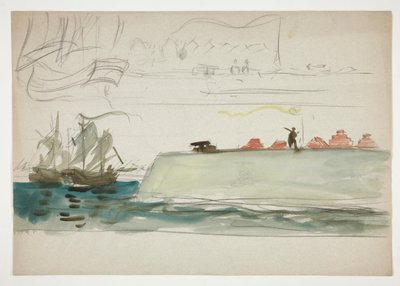 Lodě na moři: bitevní loď v popředí, plachetnice v dálce - (neidentifikovaný obrázek) od Edwin Austin Abbey