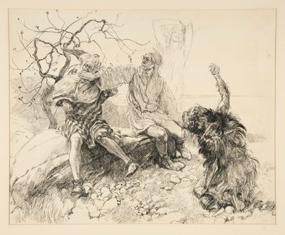 Caliban, Stephano a Trinculo (Ariel invisible), ilustrace pro dějství II, scéna ii, Bouře od Edwin Austin Abbey