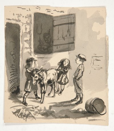 Děti s oslem (recto); Neidentifikovaný obrázek mlýnku na varhany (verze) od Edwin Austin Abbey