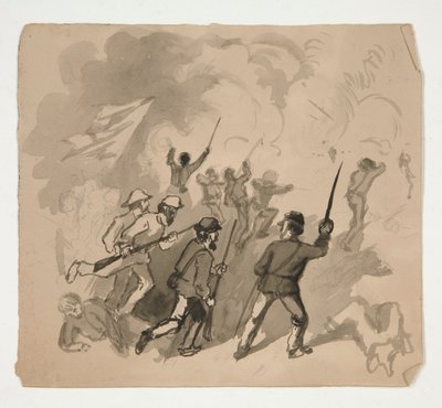 bitevní scéna občanské války (recto); Neidentifikovaný obrázek muže v lese (verso) od Edwin Austin Abbey