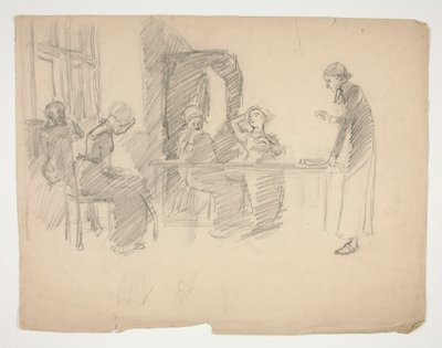 Raná studie pro Stony Ground 1884, interiér s postavami od Edwin Austin Abbey
