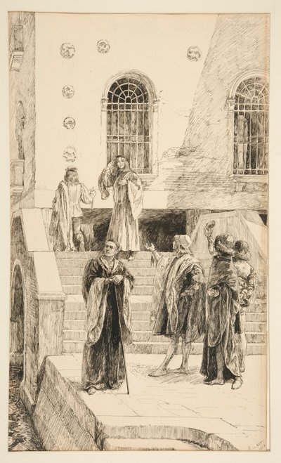 Exuent Salarino a Salanio, z dějství I, Scéna i, Kupec benátský od Edwin Austin Abbey