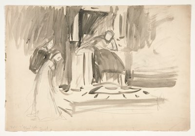 Postava na trůnu, po stranách dvě postavy, skica pro neidentifikovanou Shakespearovu hru od Edwin Austin Abbey