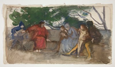 Postavy sedící na venkovní lavičce od Edwin Austin Abbey