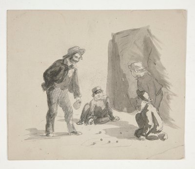 Čtyři chlapci hrající kuličky (recto); Neidentifikovaný obrázek chlapce u stojanu v interiéru (verze) od Edwin Austin Abbey