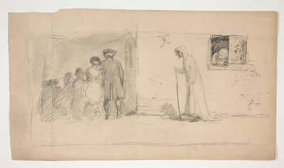Skupina postav mimo kamenný dům - neidentifikovaný obrázek od Edwin Austin Abbey