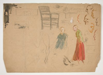 Studie hlavy a postavy a Studie židle (recto); Skici pro knižní ilustrace (verze) od Edwin Austin Abbey