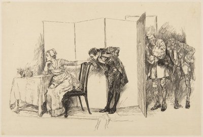Ilustrace ke Goldsmithově hře She Stoops to Conquer: „Zde, za touto zástěnou“ od Edwin Austin Abbey