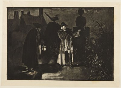 Ilustrace ke Goldsmithově „She Stoops to Conquer“: „Mýlím se, nebo jsem slyšel hlasy“ od Edwin Austin Abbey