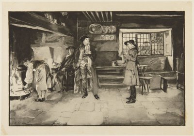 Ilustrace ke Goldsmithově hře She Stoops to Conquer: „Bez urážky, ale otázka za otázku je přece jen spravedlivá, víte“ od Edwin Austin Abbey