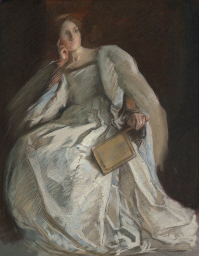 Sedící dáma v bílém. Pravá ruka k bradě. Držící ventilátor. od Edwin Austin Abbey