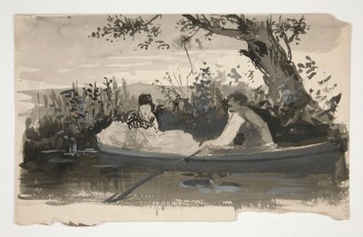 Muž a žena ve veslici, poblíž břehu řeky - neidentifikovaný obrázek od Edwin Austin Abbey