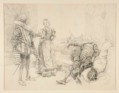 Maria, Sir Andrew a Toby, ilustrace k dějství I, scéna iii, Twelfth Night od Edwin Austin Abbey