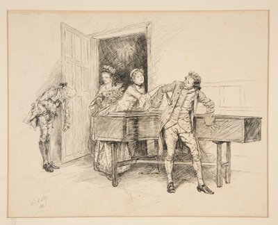 Nan and Piano, ilustrace pro Olivera Goldsmitha od Edwin Austin Abbey