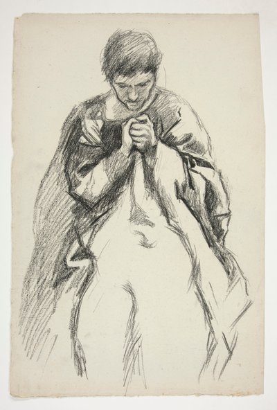 Postava v rouchu, modlí se: studie série nástěnných maleb The Quest of the Holy Grail v Boston Public Library od Edwin Austin Abbey