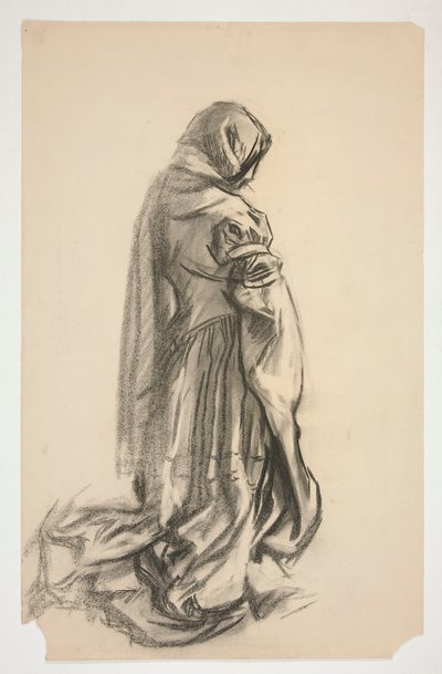 Náčrt klečící ženské postavy v růžových šatech pro Galahad the Deliverer, jednu z nástěnných maleb Svatého grálu v Boston Public Library od Edwin Austin Abbey