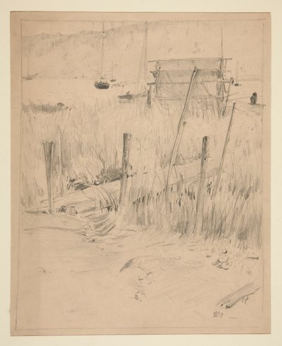 Náčrt starého doku, kolem kterého roste plevel od Edwin Austin Abbey