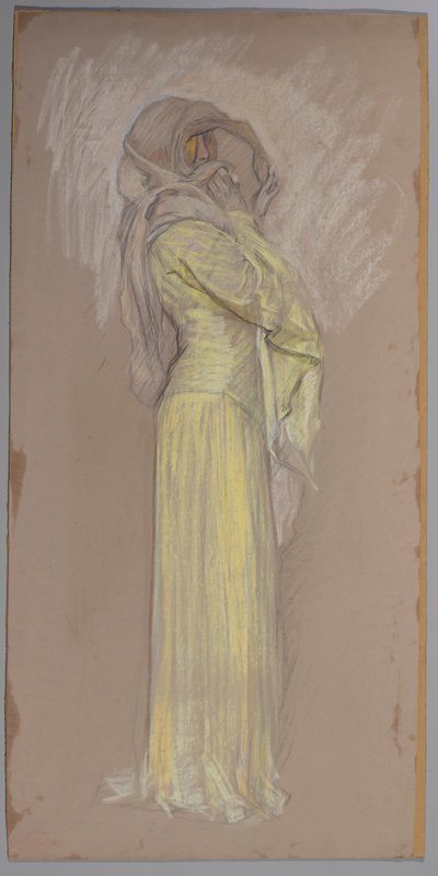 Studie, žena ve žlutých šatech s hnědým závojem přes obličej od Edwin Austin Abbey