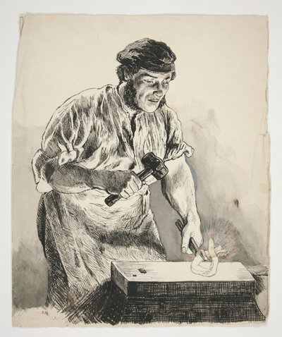 Studie kováře, buchar - nezjištěná ilustrace od Edwin Austin Abbey