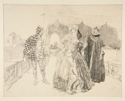 Klaun a Malvolio, ilustrace k dějství I, Scéna v, Twelfth Night od Edwin Austin Abbey