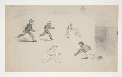 Tři studie (muži s koňmi, studie hlavy) (recto); Šest studií běžeckých figur, studie zvonice (verze) od Edwin Austin Abbey