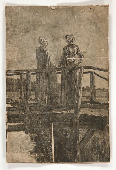 Dřevoryt bez názvu od E.A. Opatství (?) dvou dam na dřevěné lávce - ilustrace pro Williama Blacka od Edwin Austin Abbey