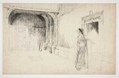 Žena a pes v interiéru - (neidentifikovaná ilustrace pro hru?) od Edwin Austin Abbey