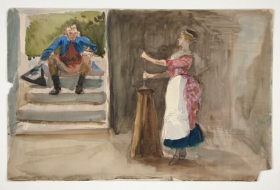 Žena stlouká máslo, muž v revolučních šatech sleduje - (neidentifikovaný obrázek) od Edwin Austin Abbey