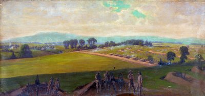 Amerikan sisällissota 1861-1865: Gettysburgin taistelu 1.-3. heinäkuuta 1863. Yhdysvaltain raskaimmat uhrit missään muussa sodassa. "Kenraali Leen komentaman Virginian armeijan viimeinen asema". Öljy. Edwin Forbes (1839-1895) yhdysvaltalainen taiteilija. S od Edwin Austin Forbes