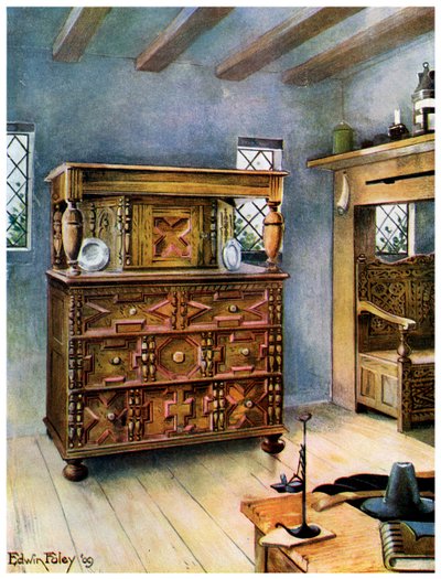 Putnamská skříň z anglického dubu a cedru a vyřezávaná osada z amerického dubu, 1910. od Edwin Foley