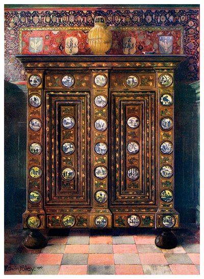 Ořechový kas vykládaný a s malovanými medailony z delftského zboží, 1910. od Edwin Foley