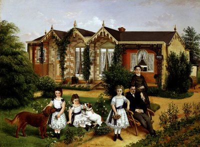 Chata Alma 1874. Rodinný portrét v zahradě před venkovským domem. Obraz Edwina Fredericka Holta (19. století, asi 1910, Británie) Soukromá sbírka od Edwin Frederick Holt