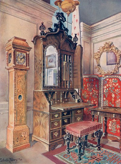 Skupina nábytku z počátku 18. století. Ořech Cabinet-Top Scrutoire. Vykládané sycamore („žluté“) hodiny. Caeved Tabouret od Edwin John Foley