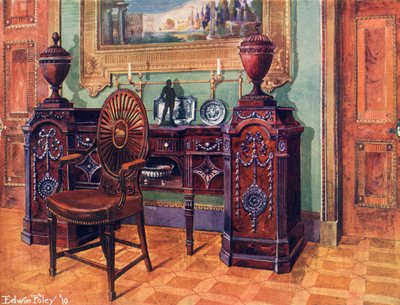 Vyřezávaný mahagonový podstavec s příborníkem. Mistrovské křeslo s oválným kolovým opěradlem od Edwin John Foley