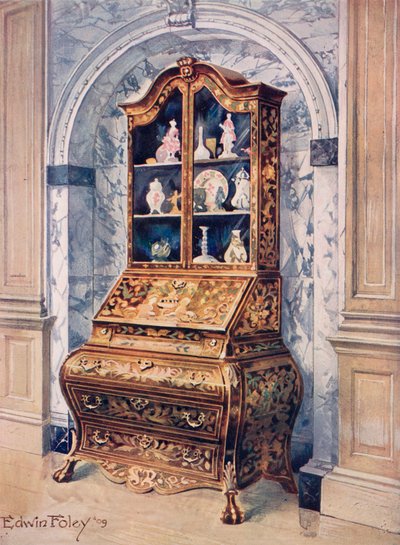 Intarzovaný Walnut Bombe Bureau-Cabinet od Edwin John Foley