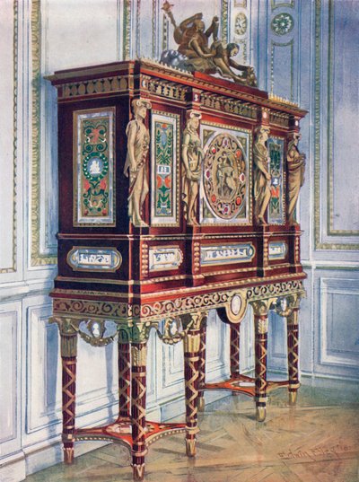 Klenotnický kabinet královny Marie Antoinetty: z mahagonu, zlacení, vykládané, vyřezávané a s malovanými plaketami od Edwin John Foley