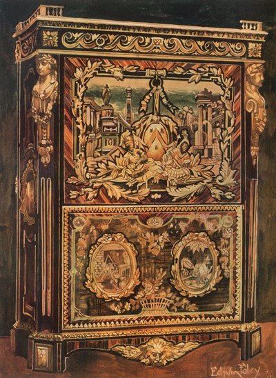 Vzpřímený sekretář vykládaný v různých dřevech, s odlitými, pronásledovanými a pozlacenými bronzovými držáky od Edwin John Foley