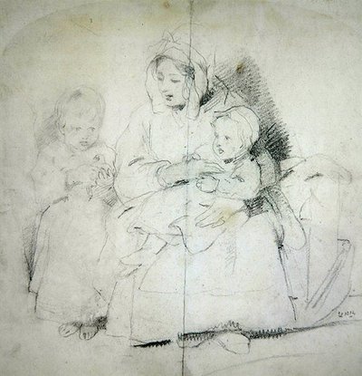 Matka se dvěma dětmi (tužka na papíře) od Edwin Landseer