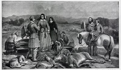Královna Viktorie přistává u jezera Loch Muick, po obraze z roku 1850 od Edwin Landseer